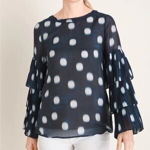 Chico's Navy Blue + White Polka Dot Tiered Sleeve Blouse